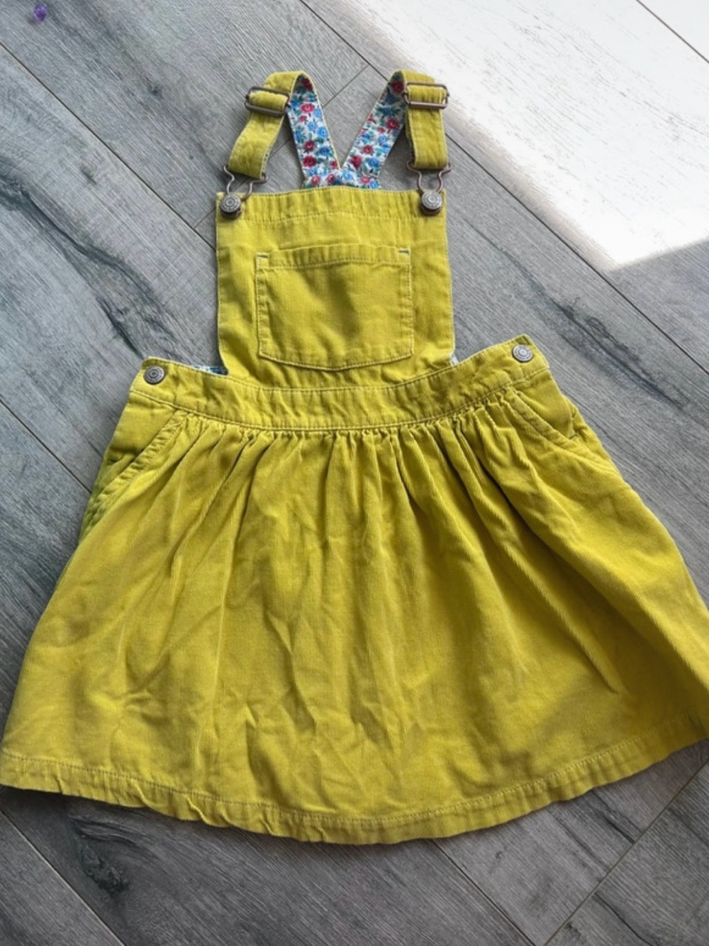 Mini Boden Yellow Corduroy Pinafore Dress with Floral Straps